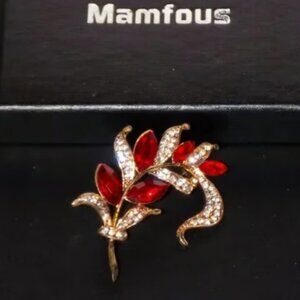 New Mamfous Crystal Glass Rose Gold Stylized Feather Floral Vine Brooch